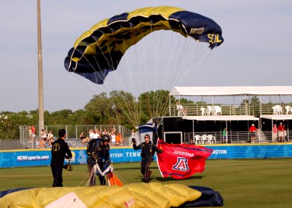 US Navy 070604-N-8497H-062 A member of the U.S. Navy Parachute Team jumps into the Women's College Softball World Series Championship game between Arizona and Tennessee to demonstrate Parachute skills and promote the Special Wa