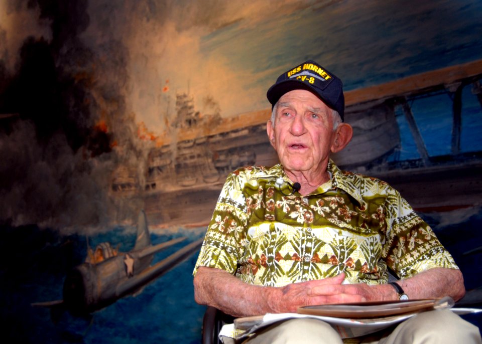 US Navy 070530-N-4965F-001 William A. Tunstall, an Aviation Machinist Mate 2nd Class from Springfield, Massachusetts, assigned to Torpedo Squadron (VT) 8 during the Battle of Midway, tells the story of his involvement during th