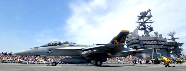 US Navy 070602-N-5345W-138 An F-A-18F Super Hornet assigned to the Swordsmen of Strike Fighter Squadron (VFA) 32 launches from the flight deck