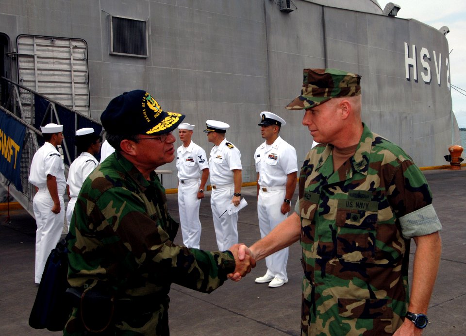 US Navy 070606-N-0989H-010 Commander, Task Group 40.9, Capt. Douglas Wied, greets Vicealmirante Carlos Rene Alvarado Fernendez, Guatemalan Chief of Naval Operations