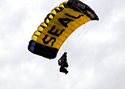 US Navy 070603-N-8497H-047 A member of the U.S. Navy Parachute Team known as the Leap Frogs jumps into the Amateur Softball Stadium Association (ASA) Hall of Fame Stadium photo
