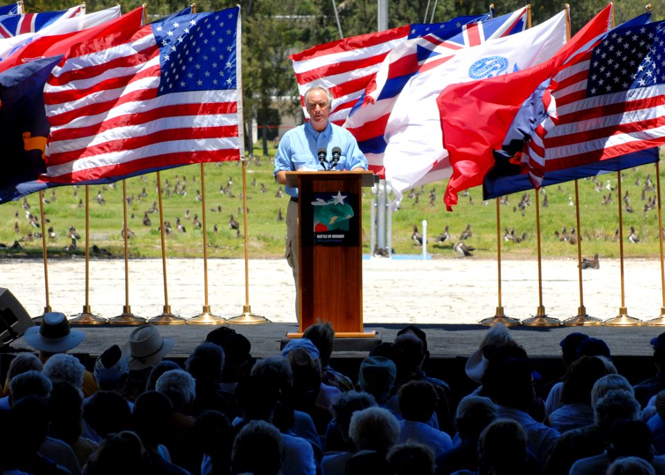 US Navy 070604-N-4965F-027 Secretary of the Interior, the Honorable Dirk Kempthorne, delivers his remarks during the 65th anniversary of the Battle of Midway commemoration ceremony on Midway Atoll