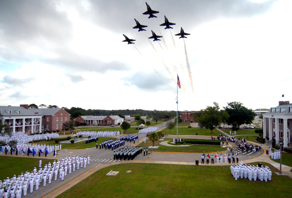 US Navy 070605-N-5328N-339 The U.S. Navy Blue Angels fly over the Battle of Midway commemoration ceremony at the Center for Information Dominance (CID) Corry Station
