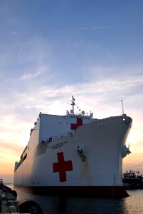 US Navy 070531-N-8704K-116 A tug pushes the Military Sealift Command (MSC) hospital ship USNS Comfort (T-AH 20) pier side at Naval Station Norfolk