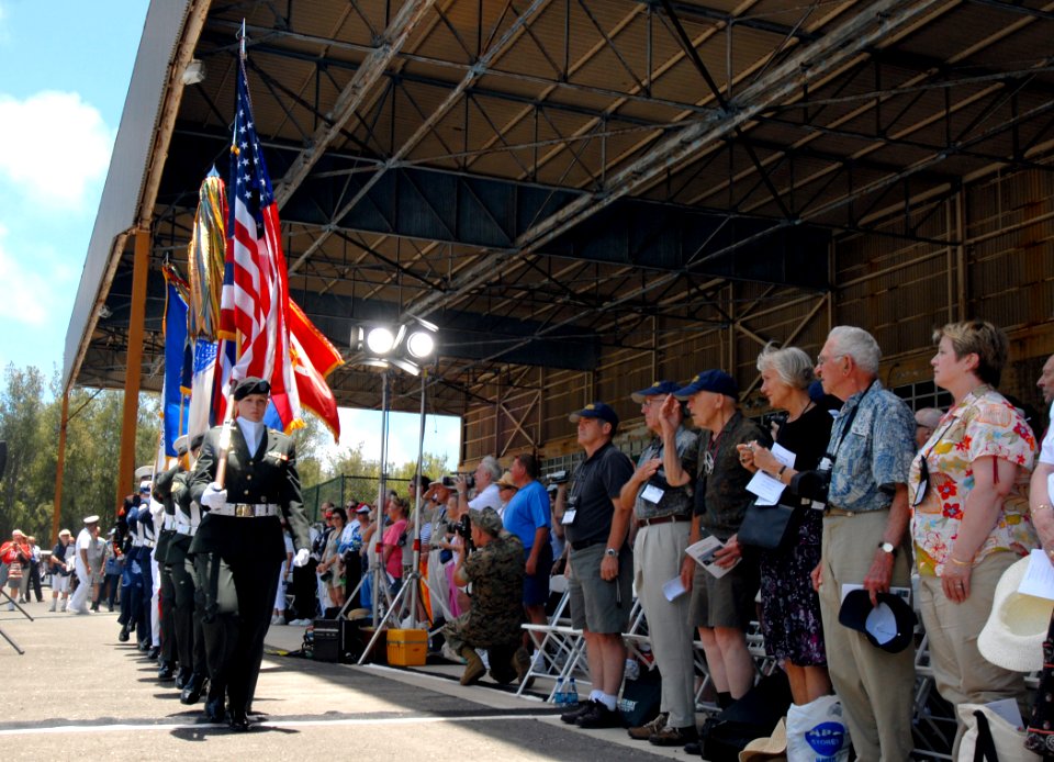 US Navy 070604-N-4965F-011 U.S. Pacific Command Color Guard parades the colors during the 65th anniversary of the Battle of Midway commemoration ceremony on Midway Atoll