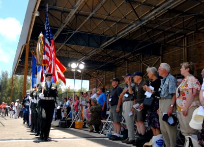 US Navy 070604-N-4965F-011 U.S. Pacific Command Color Guard parades the colors during the 65th anniversary of the Battle of Midway commemoration ceremony on Midway Atoll