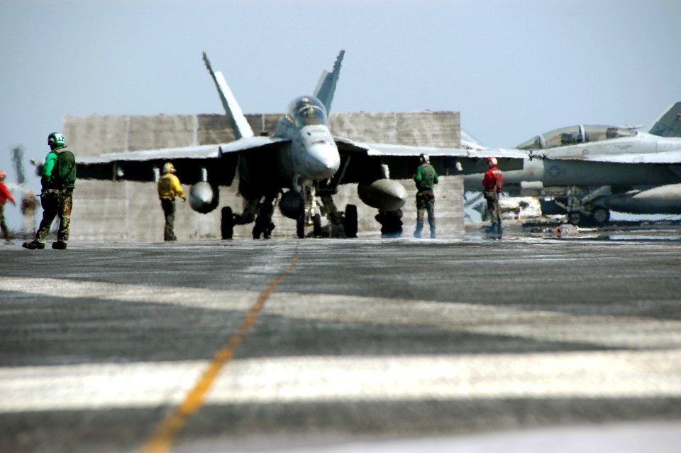US Navy 070613-N-0890S-038 An F-A-18F Super Hornet assigned to the Black Aces of Strike Fighter Squadron (VFA) 41 prepares to launch off the flight deck of the nuclear-powered aircraft carrier USS Nimitz (CVN 68)