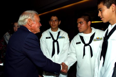 US Navy 070613-N-2420K-001 California Sea Cadets shake hands with Medal of Honor recipient John Finn during the Keeping the Promise gala dinner held at the Anaheim Hilton
