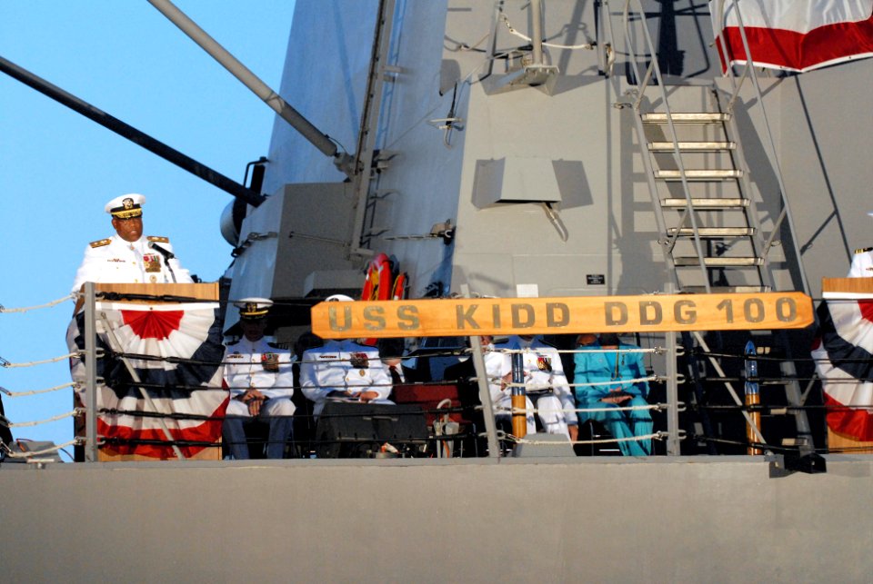 US Navy 070609-N-9909C-011 Rear Admiral Victor G. Guillory, deputy director of the Surface Warfare Division, talked about the rich history of the newest guided-missile destroyer, USS Kidd (DDG 100)
