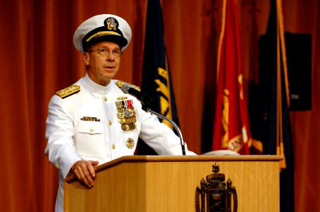 US Navy 070608-N-3642E-050 Chief of Naval Operations (CNO) Adm. Mike Mullen, speaks about the selfless service of Vice Adm. Rodney P. Rempt at the U.S. Naval Academy change of command