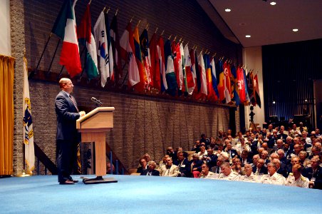 US Navy 070612-N-3642E-067 Secretary of the Navy (SECNAV), The Honorable Dr. Donald C. Winter delivers his opening remarks at the Current Strategic Forum held at the Naval War College photo