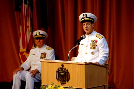 US Navy 070608-N-3642E-107 Chief of Naval Operations (CNO) Adm. Mike Mullen, speaks about the selfless service of Vice Adm. Rodney P. Rempt at the U.S. Naval Academy change of command ceremony
