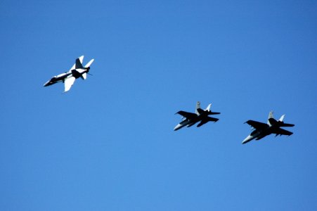 US Navy 070612-N-8119R-112 Aircraft assigned to Carrier Air Wing (CVW) 11 fly in formation as an F-A-18A Hornet breaks away in preparation for landing aboard nuclear-powered aircraft carrier USS Nimitz (CVN 68)
