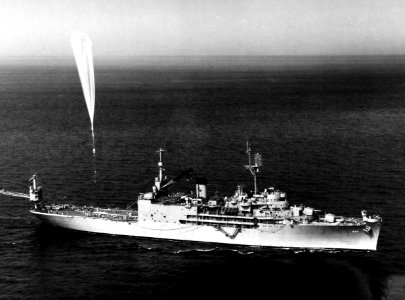 USS Currituck (AV-7) releases a Skyhook balloon off the Galapagos Islands on 7 September 1953 (80-G-627386)
