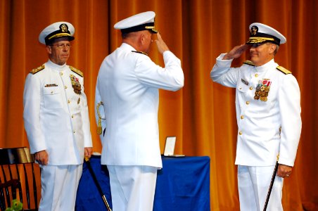 US Navy 070608-N-3642E-301 From left, Chief of Naval Operations (CNO) Adm. Mike Mullen, witnesses Vice Adm. Rodney P. Rempt relinquish command of the U.S. Naval Academy to Vice Adm. Jeffrey L. Fowler in a ceremony at the Academ