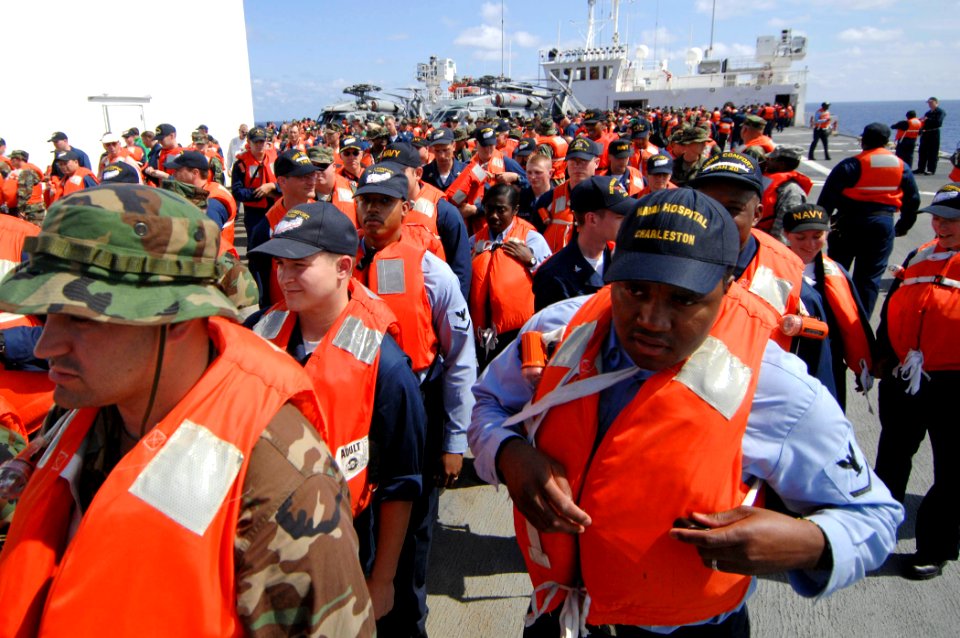 US Navy 070615-N-0194K-137 Sailors aboard the Military Sealift Command hospital ship USNS Comfort (T-AH 20) are relieved from their lifeboat stations during an abandon ship drill