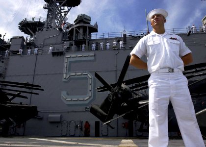 US Navy 070618-N-1752H-004 Sailors man the rails as amphibious assault ship USS Peleliu (LHA 5) sails into Manila, Philippines