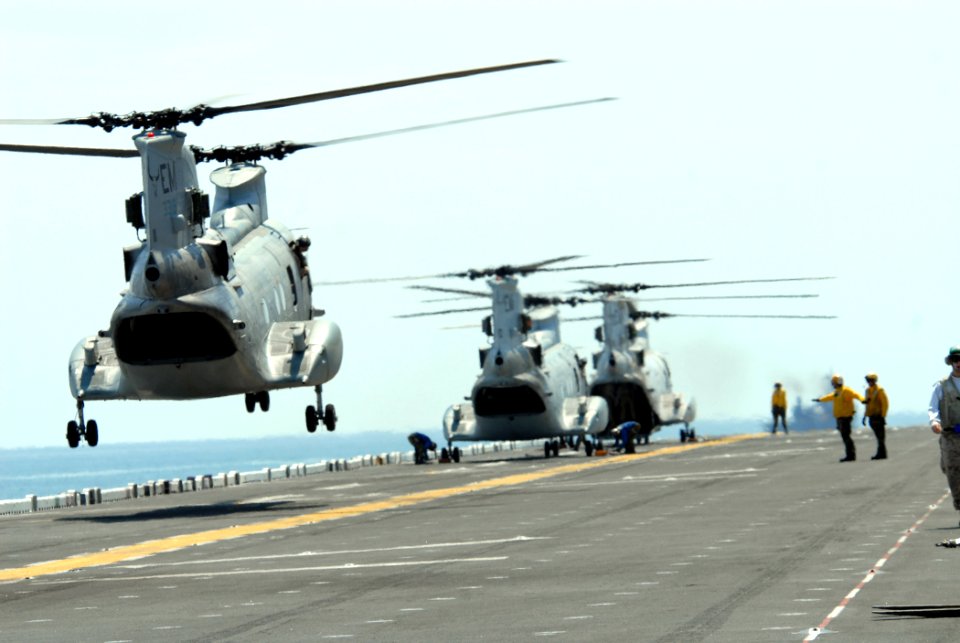 US Navy 070615-N-5033P-147 Marine Corps CH-46 Sea Knight helicopters land on board amphibious assault ship USS Kearsarge (LHD 3) during Kearsarge Expeditionary Strike Group's Certification Exercise (CERTEX)