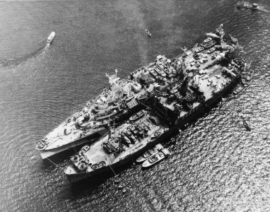 USS Currituck (AV-7) and USS Tangier (AV-8) moored at Morotai, in October 1944 (80-G-1022364)