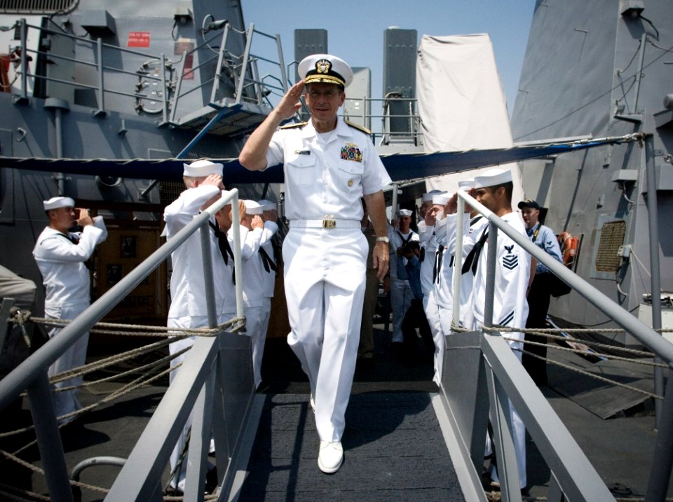 US Navy 070619-N-0696M-391 Chief of Naval Operations (CNO) Adm. Mike Mullen departs USS Curtis Wilbur (DDG 54) after holding an all-hands call with Sailors on the fantail of the guided missile destroyer