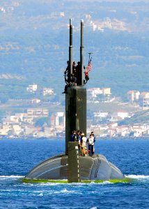 US Navy 070615-N-0780F-003 Los Angeles-class fast-attack submarine USS Scranton (SSN 756) departs Souda harbor following a routine port visit to Greece's largest island photo