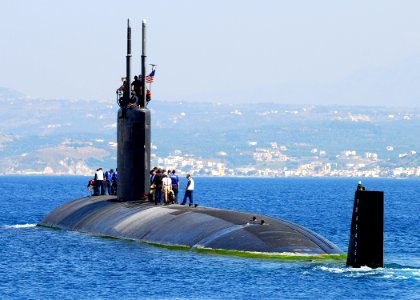 US Navy 070615-N-0780F-004 Los Angeles-class fast-attack submarine USS Scranton (SSN 756) departs Souda harbor following a routine port visit to Greece's largest island