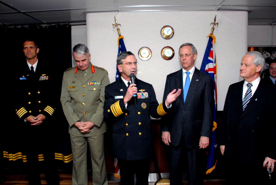 US Navy 070615-N-2468S-001 Commander, U.S. 7th Fleet, Vice Adm. Doug Crowder speaks during a reception aboard USS Blue Ridge (LCC 19). Blue Ridge, the U.S. Navy's 7th Fleet command ship, arrived in Sydney, Australia, June 14 fo