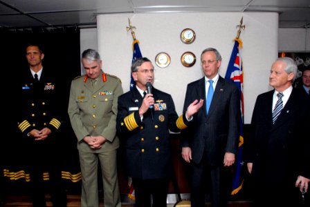 US Navy 070615-N-2468S-001 Commander, U.S. 7th Fleet, Vice Adm. Doug Crowder speaks during a reception aboard USS Blue Ridge (LCC 19). Blue Ridge, the U.S. Navy's 7th Fleet command ship, arrived in Sydney, Australia, June 14 fo