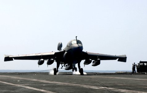 US Navy 070620-N-3729H-029 An EA-6B Prowler assigned to the Yellow Jackets of Electronic Attack Squadron (VAQ) 138 lands on the flight deck of the Nimitz-class aircraft carrier USS John C. Stennis (CVN 74)