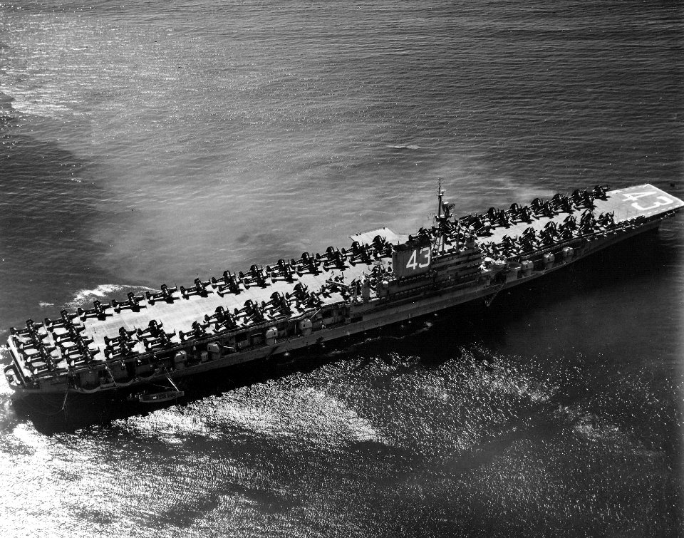 USS Coral Sea (CVB-43) underway at sea on 11 February 1948 (NNAM.1996.488.120.007)
