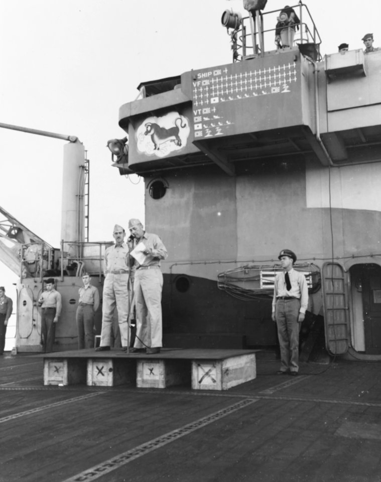 USS Cowpens (CVL-25) change of command in Nov 1944