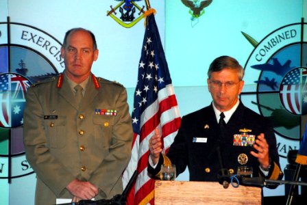 US Navy 070618-N-1113S-007 Commander, U.S. 7th Fleet, Vice Adm. Doug Crowder, along with Australian Army Major Gen. Richard Wilson, speaks to reporters aboard USS Blue Ridge (LCC 19). Crowder and Wilson, the two senior leaders