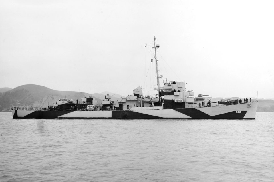 USS Crowley (DE-303) off the Mare Island Naval Shipyard on 2 April 1944 (NH 75850)