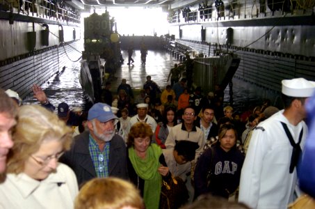US Navy 070622-N-3925A-002 Friends and family members of Sailors aboard amphibious transport dock USS Cleveland (LPD 7) enter the ship's well deck after a ride aboard a landing craft utility