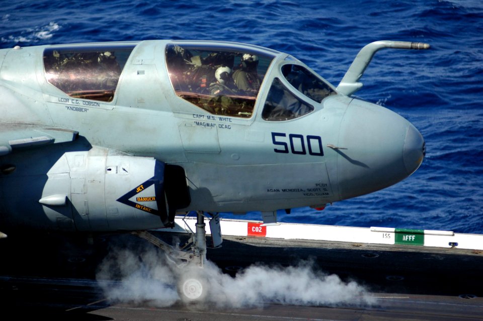 US Navy 070619-N-5387K-017 An EA-6B Prowler assigned to Electronic Attack Squadron (VAQ) 136 launches from the flight deck aboard USS Kitty Hawk (CV 63)