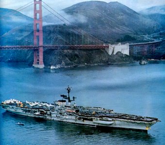 USS Coral Sea (CVA-43) passing under the Golden Gate Bridge on 8 November 1973