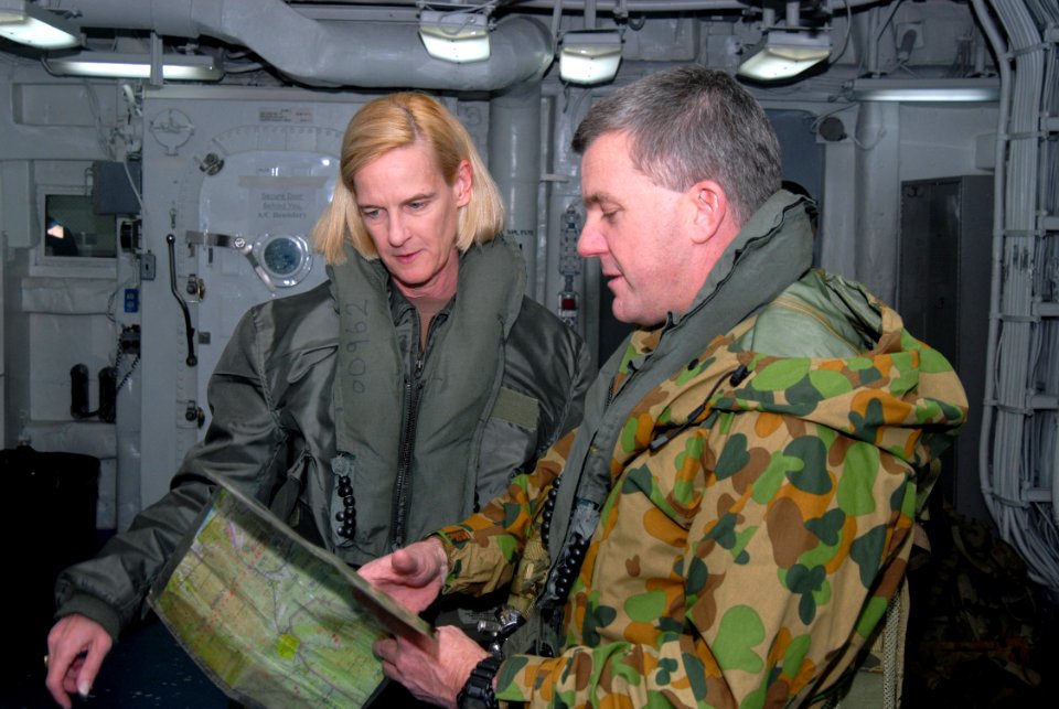 US Navy 070622-N-4124C-001 Brig. Gen. John G. Caligari, commanding officer of Royal Australian Army's 3rd Brigade and commander of Combined Force Land Component Command (CFLCC), and Rear Adm. Carol M. Pottenger, commander