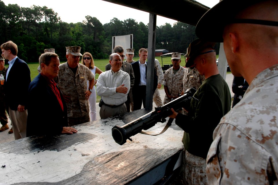 US Navy 070625-N-3642E-582 Sgt. Matt Piano briefs the safety procedure to firing a M136 AT4 to the Secretary of the Navy (SECNAV) The Honorable Dr. Donald C. Winter and Rep. Joe Wilson, left, 2nd South Carolina Congressional Di