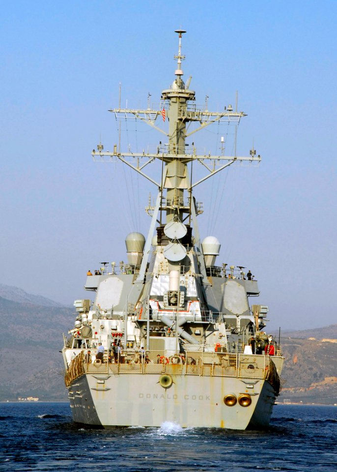 US Navy 070621-N-0780F-001 Arleigh Burke-class guided-missile destroyer USS Donald Cook (DDG 75) approaches Souda harbor for a scheduled port visit
