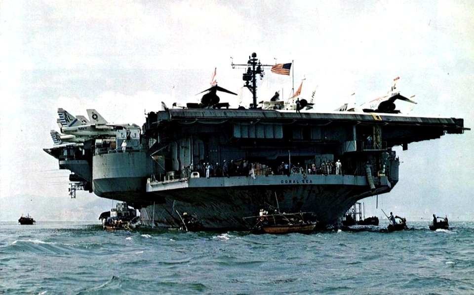 USS Coral Sea (CVA-43) anchored at Hong Kong, in 1972