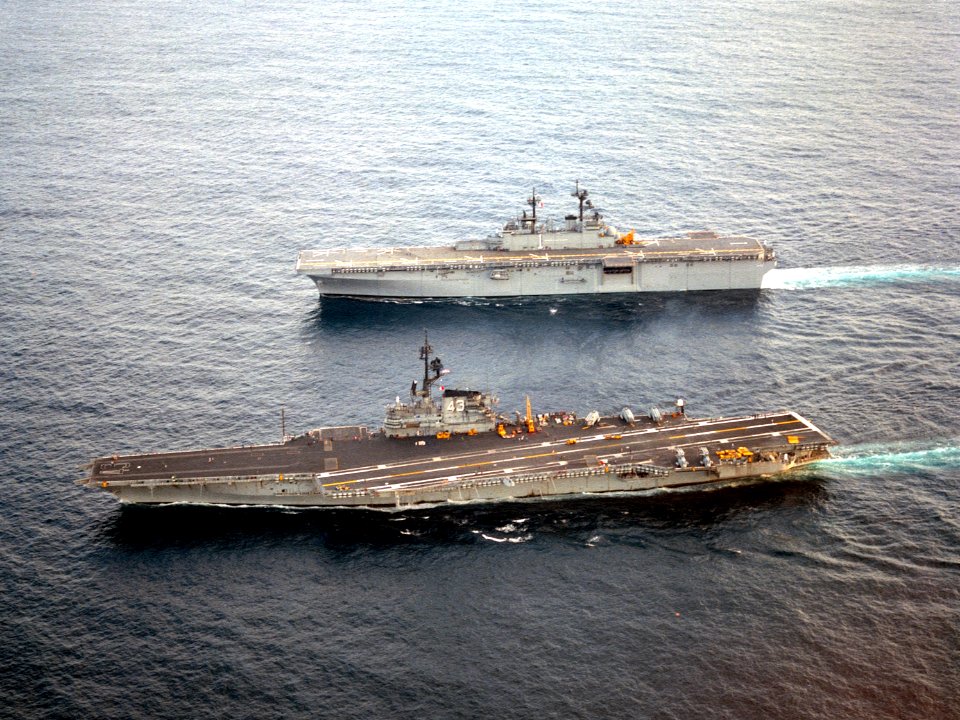 USS Coral Sea (CV-43) and Wasp (LHD-1) underway in 1989