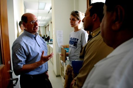 US Navy 070627-N-3642E-488 Secretary of the Navy (SECNAV) The Honorable Dr. Donald C. Winter discusses issues of concern with members of Project Hope and Sailors from Military Sealift Command hospital ship USNS Comfort (T-AH 20