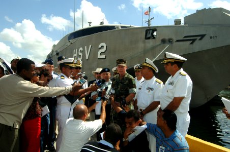 US Navy 070624-N-0989H-109 Capt. Douglas Wied, commander, Task Group 40.9 takes part in a media brief soon after High Speed Vessel (HSV) 2 Swift's arrival Santo Domingo photo