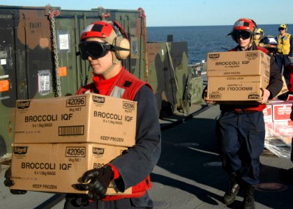 US Navy 070628-N-6710M-008 Members assigned to the flight deck aboard USS Tortuga (LSD 46), transit supplies while underway in support Talisman Saber 07 (TS 07)