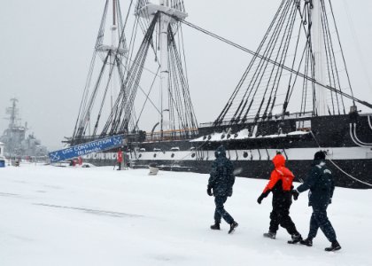 USS Constitution maintains a watch as winter storm Juno arrives in the Boston area. (15767991824)
