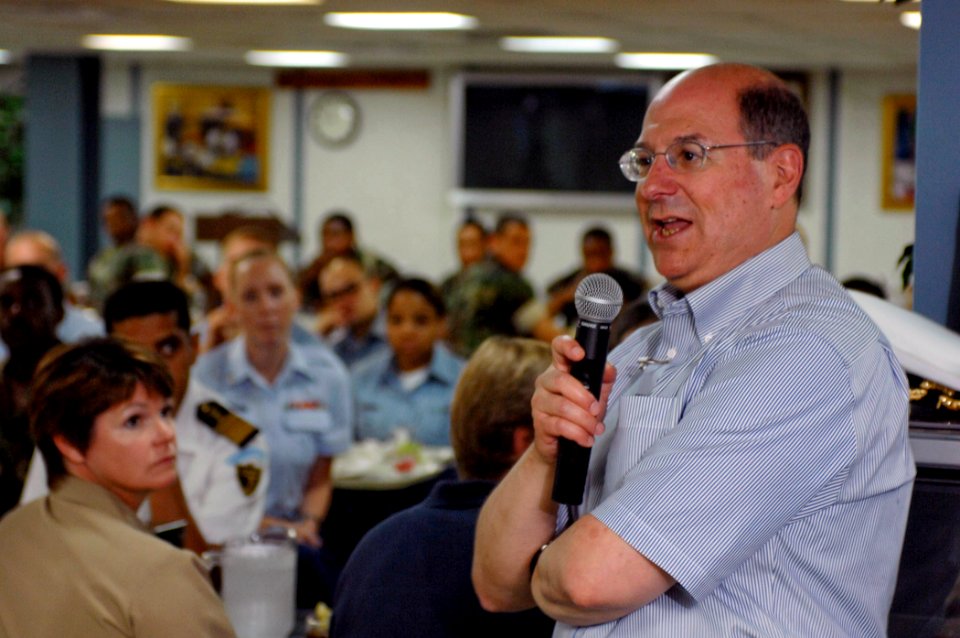 US Navy 070627-N-0194K-118 Secretary of the Navy (SEVNAV) The Honorable Donald C. Winter speaks with the crew during lunch aboard Military Sealift Command hospital ship USNS Comfort (T-AH 20)
