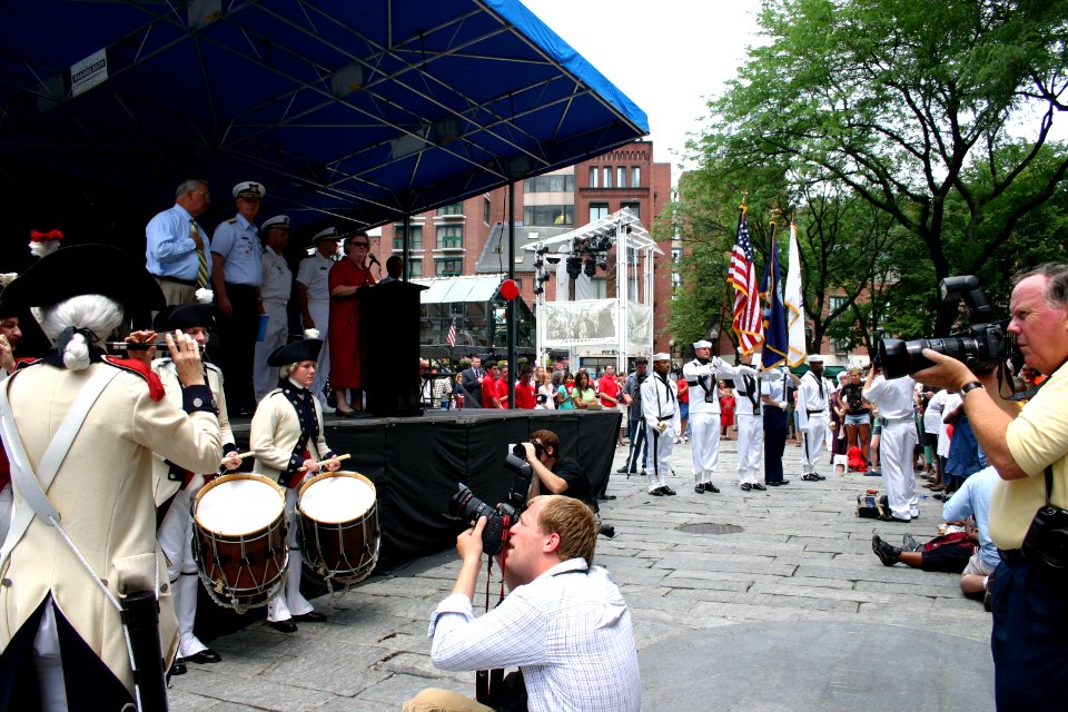 US Navy 070628-N-8110K-007 USS Constitution's color guard presents colors marching to the drums of an American Revolution period pipe and drum corps at the opening ceremony of Boston Harborfest and Boston Navy Week