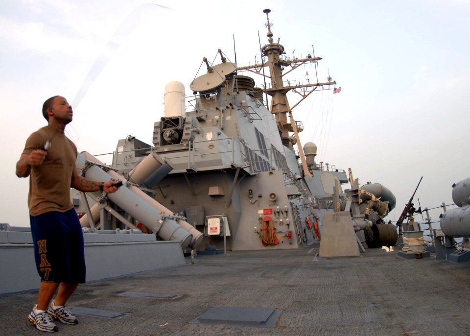 US Navy 070630-N-7498L-091 Culinary Specialist 2nd Class Tyrone Davis jumps rope during his personal physical fitness training aboard guided-missile destroyer USS O'Kane (DDG 77)