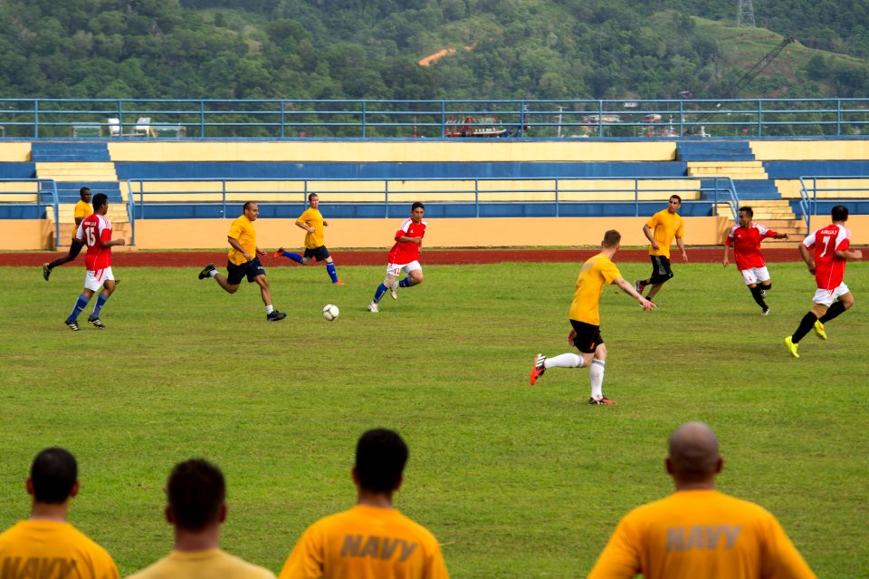 USS Comstock Sailors, 11th MEU Marines play soccer with Royal Malaysian Navy 150127-N-CU914-425