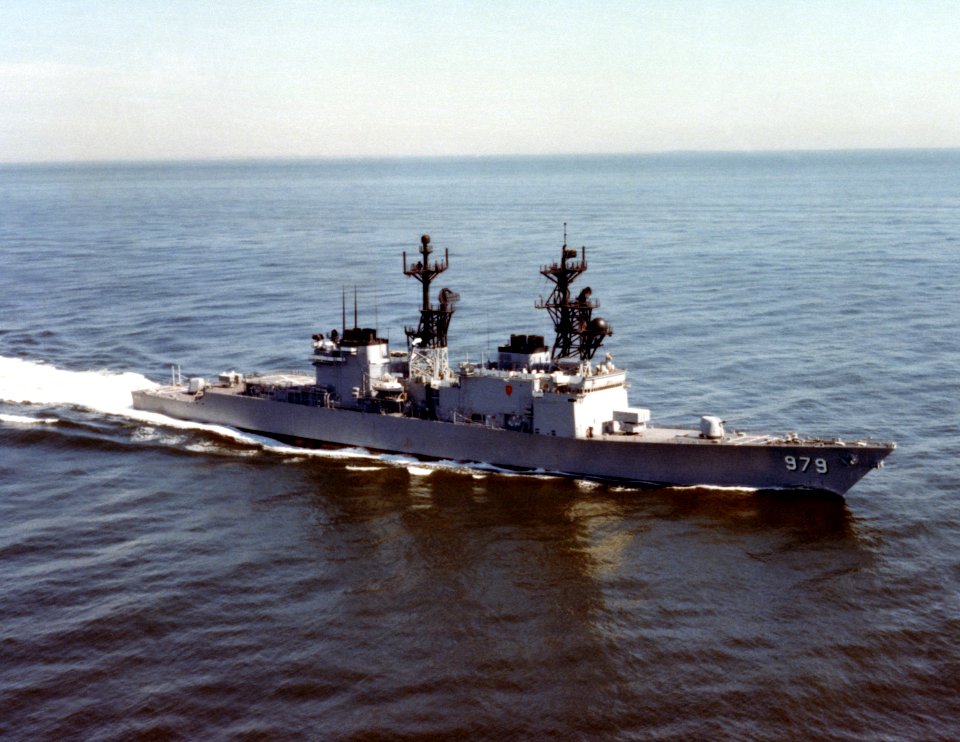 USS Conolly (DD-979) aerial stbd bow view 1980